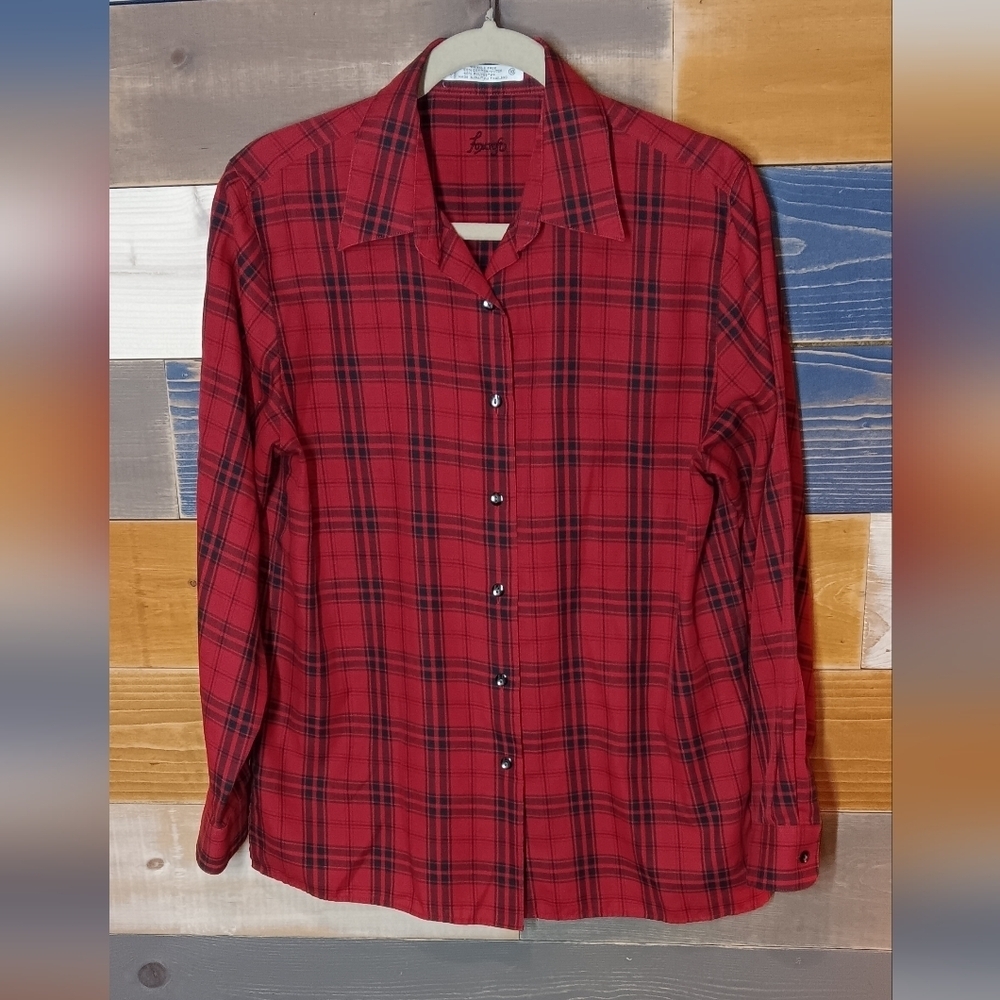 Foxcroft Plaid Top 10 Red Black Blouse